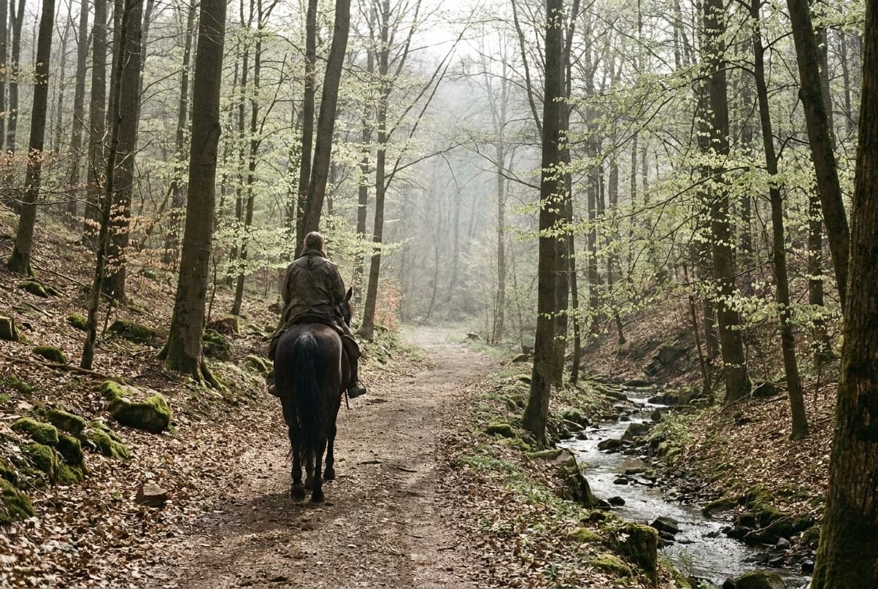 Pferd und Reiter von hinten auf einem weichen Waldweg, der ins frühlingshafte Silberbachtal hinabführt.