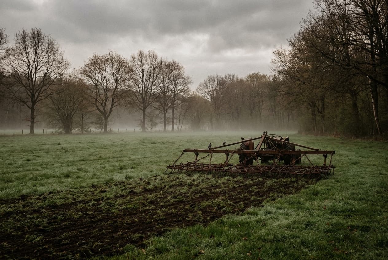 Eine frühlingshafte Pferdeweide am Waldrand des Teutoburger Waldes wird mit einer Wiesenschleppe bearbeitet, im morgendlichen Dunst.