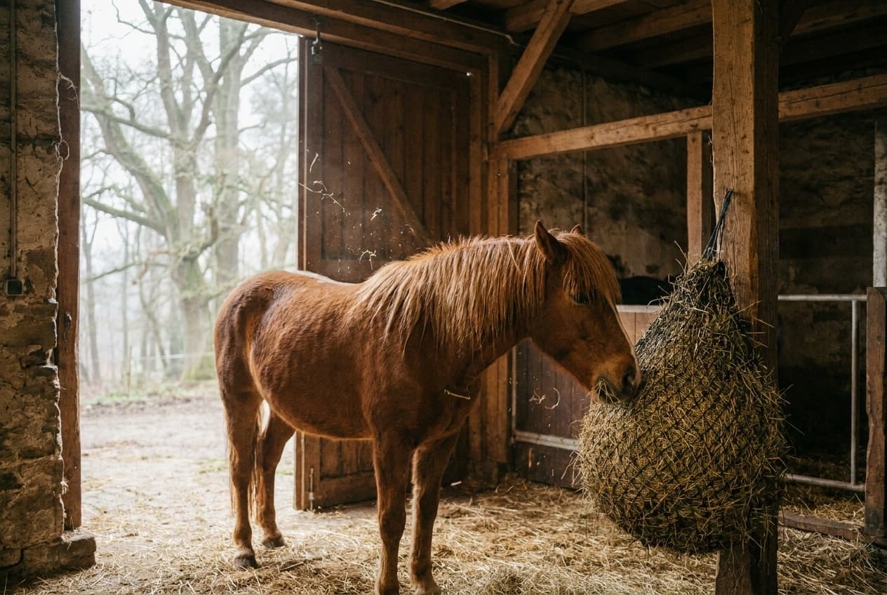 Ein braunes Pferd frisst ruhig Heu in einer geräumigen, hellen Box am Waldrand.
