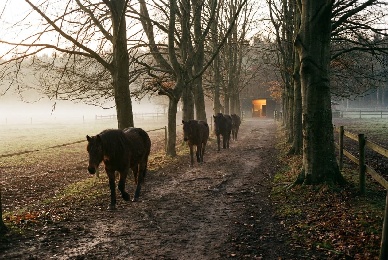 Pferde auf einem Paddock-Trail am Waldrand in der Dämmerung eines Novemberabends, im Hintergrund der warm beleuchtete Stall.