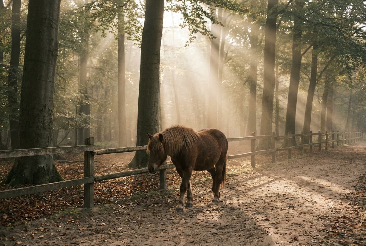 Ein Pferd geht über einen sandigen Aktiv-Trail entlang eines Holzzauns am Waldrand im Teutoburger Wald.