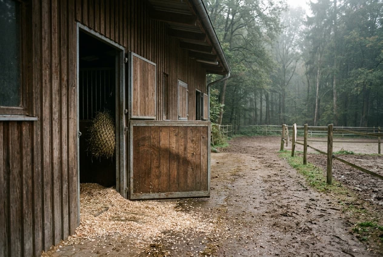 Blick auf eine geräumige Pferdebox mit angeschlossenem Paddock am Waldrand, morgendliches Licht zwischen den Bäumen.