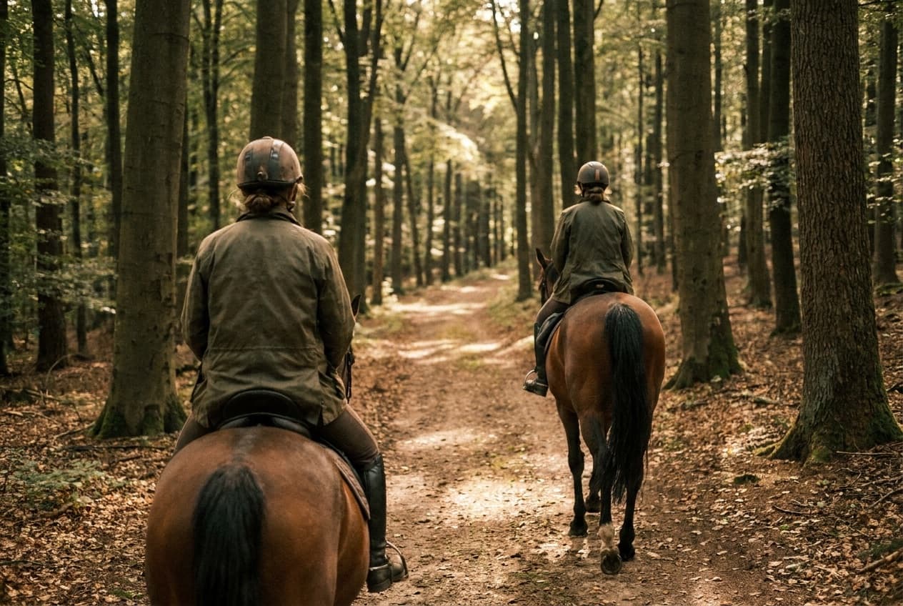 Eine Reiterin auf einem Pferd, von hinten gesehen, auf einem weichen Waldweg zwischen hohen Buchen im Teutoburger Wald.