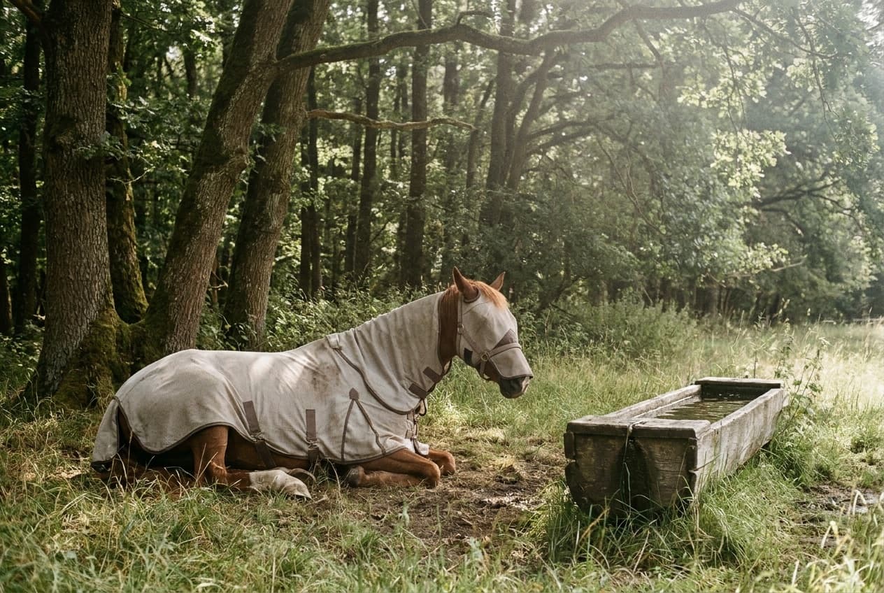 Ein Pferd mit Fliegendecke und Fliegenmaske steht entspannt im Schatten am sommerlichen Waldrand neben einer gefüllten Wassertränke.