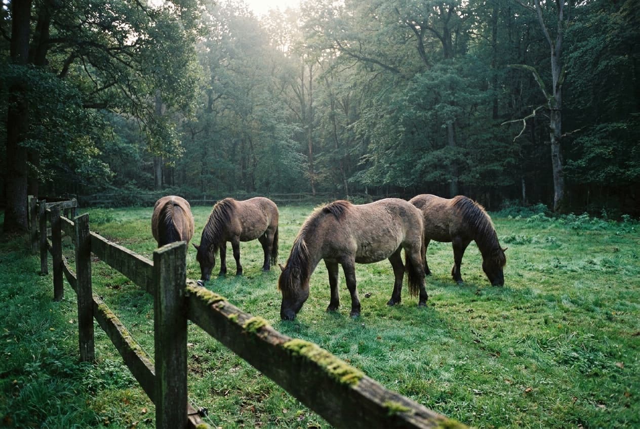 Mehrere Pferde grasen ruhig auf einer frühlingsgrünen Weide am Waldrand im weichen Morgenlicht.
