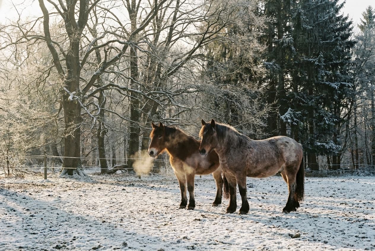 Zwei Pferde stehen an einem frostigen Dezembermorgen ruhig auf einem leicht verschneiten Paddock am Rand des winterlichen Teutoburger Waldes.