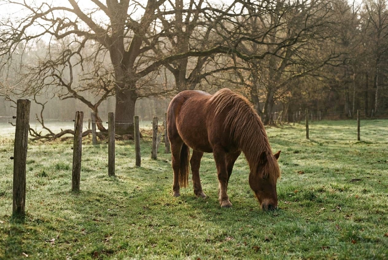 Ein Pferd grast am späten Vormittag am Rand einer frühlingshaften Weide vor dem Waldrand des Teutoburger Waldes.