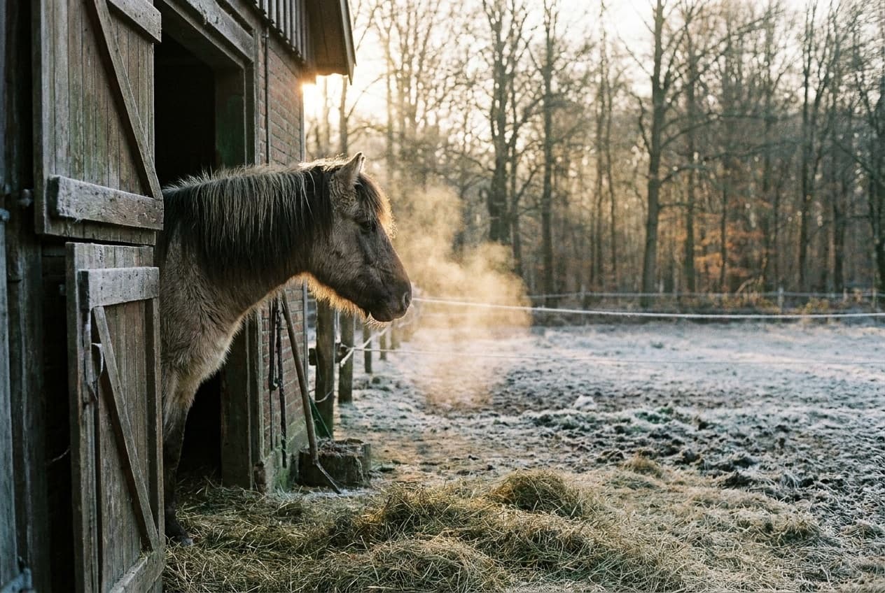 Ein Pferd steht an einem frostigen Wintermorgen in einer offenen Stalltür am Waldrand, mit sichtbarem Atem und frischem Heu am Boden.