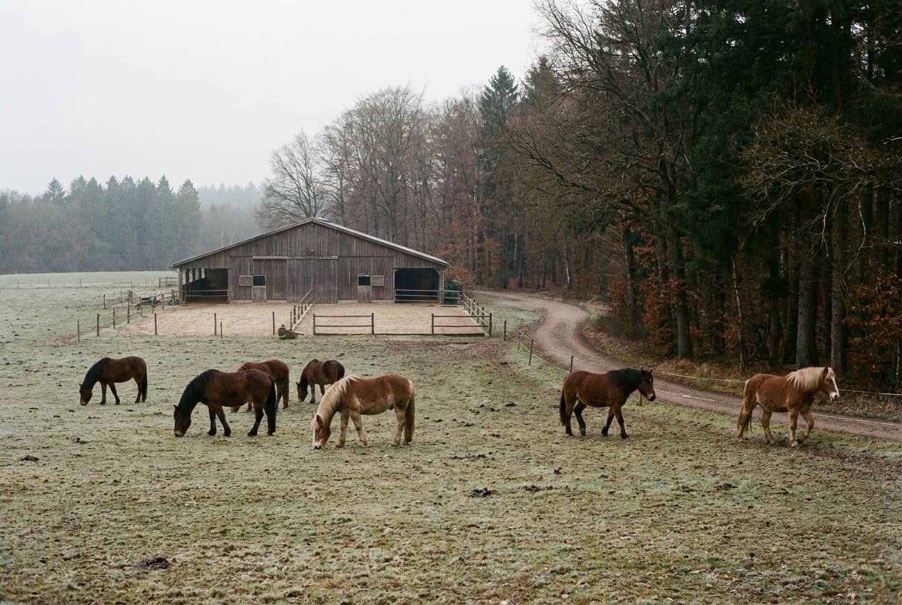 Pferde auf einer Weide neben einem Stall mit angebundenen Paddocks am Waldrand im Teutoburger Wald.