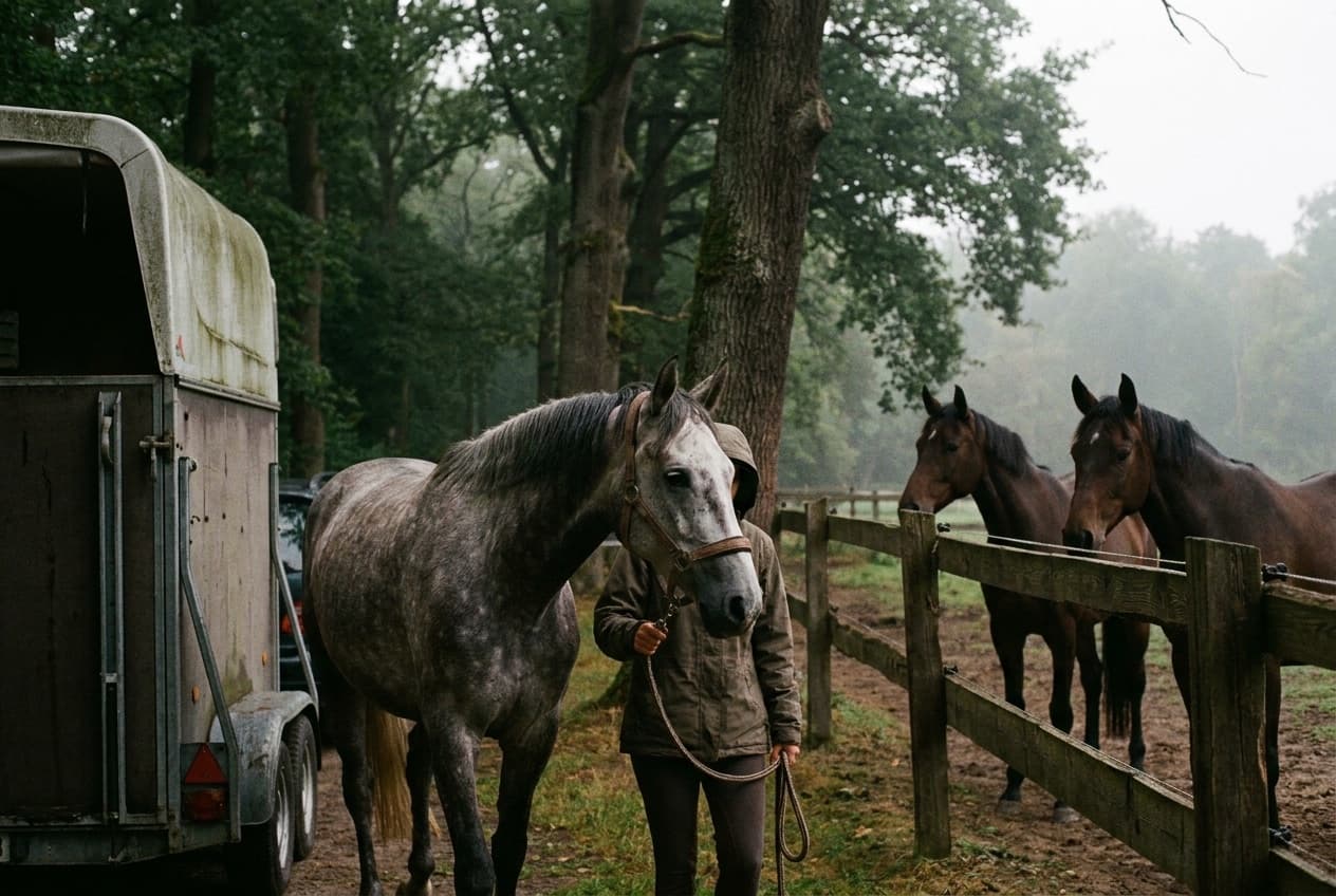 Ein Pferd wird am Waldrand von seinem Anhänger zu einem Paddock geführt, während andere Pferde ruhig über den Holzzaun schauen.