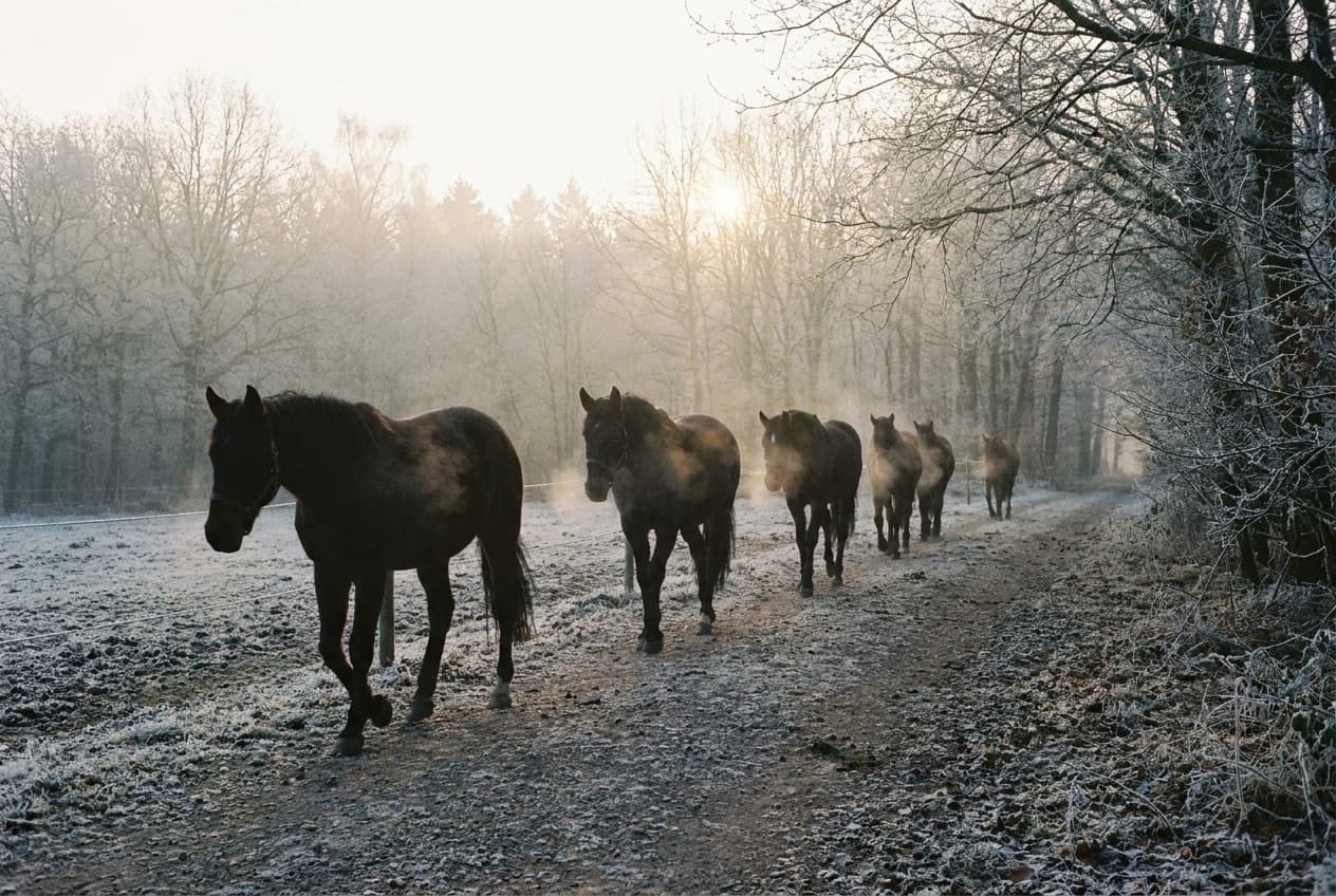 Pferde gehen im Schritt hintereinander über einen frostbedeckten Lauftrail am Waldrand, im Hintergrund aufsteigender Morgennebel.